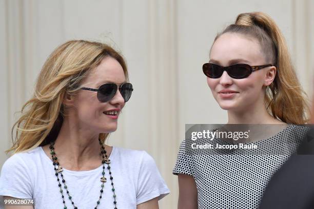 Lily-Rose Depp and Vanessa Paradis are seen arriving at Chanel Fashion Show during Haute Couture Fall Winter 2018/2019 on July 3, 2018 in Paris,...