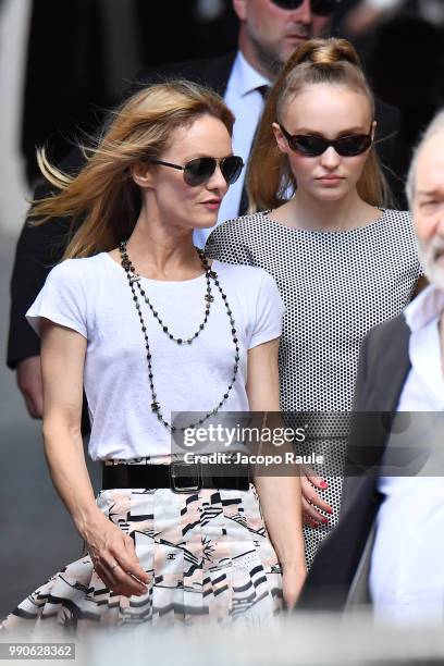 Lily-Rose Depp and Vanessa Paradis are seen arriving at Chanel Fashion Show during Haute Couture Fall Winter 2018/2019 on July 3, 2018 in Paris,...