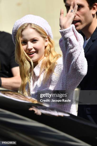 Ellie Bamber is seen arriving at Chanel Fashion Show during Haute Couture Fall Winter 2018/2019 on July 3, 2018 in Paris, France.