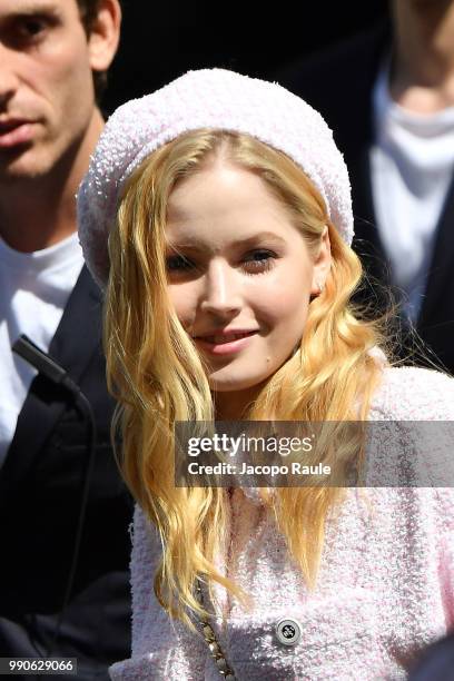 Ellie Bamber is seen arriving at Chanel Fashion Show during Haute Couture Fall Winter 2018/2019 on July 3, 2018 in Paris, France.