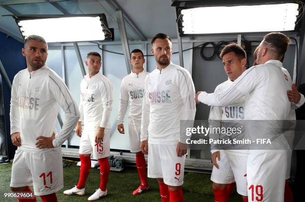 Switzerland players gather in the tunnel before the warm up prior to the 2018 FIFA World Cup Russia Round of 16 match between Sweden and Switzerland...