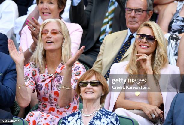 Joely Richardson and Tess Daly sit in the royal box on day two of the Wimbledon Tennis Championships at the All England Lawn Tennis and Croquet Club...