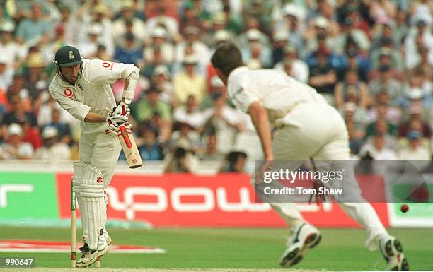 Mike Atherton of England plays off the bowling of Jason Gillespie during the opening day of the npower first Ashes test between England and Australia...