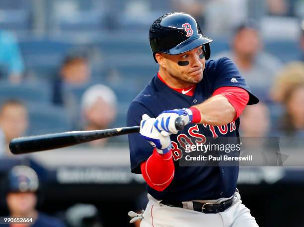 Steve Pearce of the Boston Red Sox bats in an MLB baseball game against the New York Yankees on June 29, 2018 at Yankee Stadium in the Bronx borough...