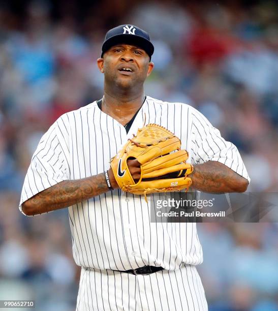 Pitcher CC Sabathia of the New York Yankees reacts in an MLB baseball game against the Boston Red Sox on June 29, 2018 at Yankee Stadium in the Bronx...
