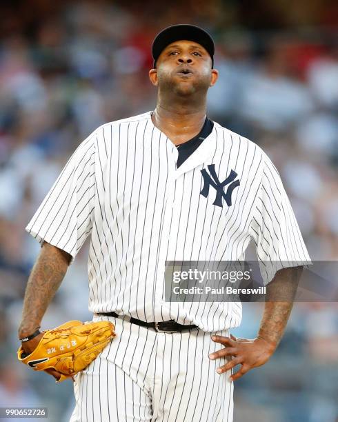 Pitcher CC Sabathia of the New York Yankees reacts in an MLB baseball game against the Boston Red Sox on June 29, 2018 at Yankee Stadium in the Bronx...