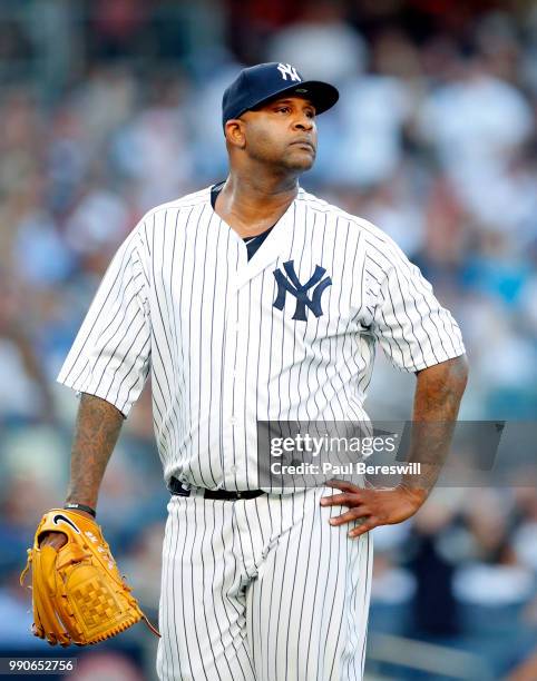 Pitcher CC Sabathia of the New York Yankees reacts in an MLB baseball game against the Boston Red Sox on June 29, 2018 at Yankee Stadium in the Bronx...