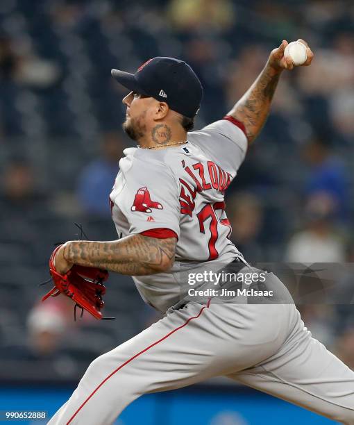 Hector Velazquez of the Boston Red Sox in action against the New York Yankees at Yankee Stadium on June 30, 2018 in the Bronx borough of New York...
