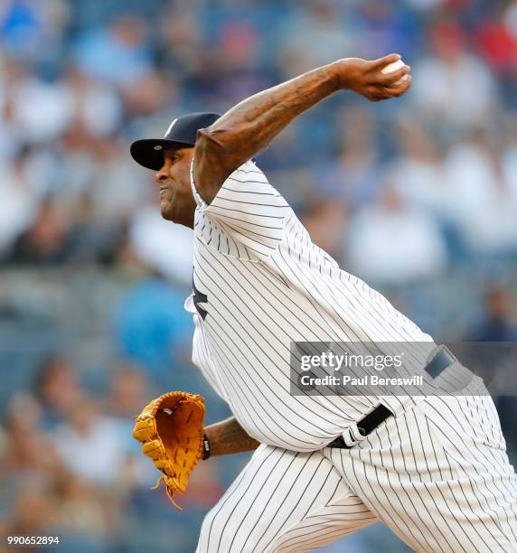 Pitcher CC Sabathia of the New York Yankees pitches in an MLB baseball game against the Boston Red Sox on June 29, 2018 at Yankee Stadium in the...