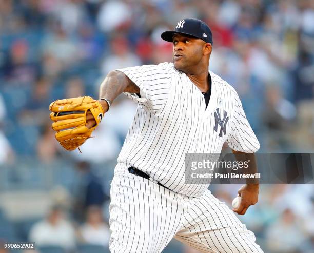 Pitcher CC Sabathia of the New York Yankees pitches in an MLB baseball game against the Boston Red Sox on June 29, 2018 at Yankee Stadium in the...