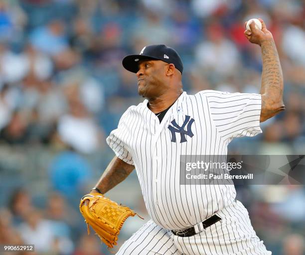 Pitcher CC Sabathia of the New York Yankees pitches in an MLB baseball game against the Boston Red Sox on June 29, 2018 at Yankee Stadium in the...