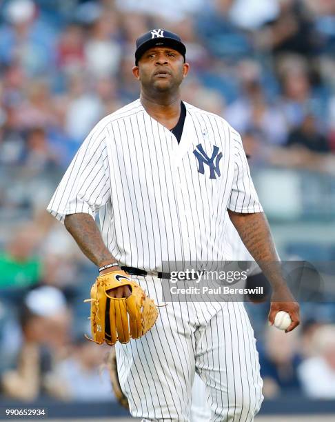 Pitcher CC Sabathia of the New York Yankees reacts in an MLB baseball game against the Boston Red Sox on June 29, 2018 at Yankee Stadium in the Bronx...