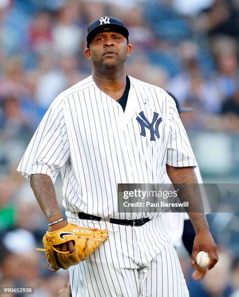 Pitcher CC Sabathia of the New York Yankees reacts in an MLB baseball game against the Boston Red Sox on June 29, 2018 at Yankee Stadium in the Bronx...