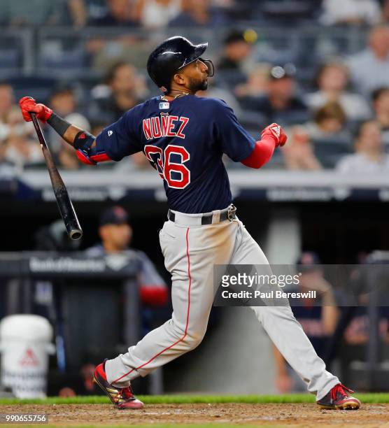 Eduardo Nunez of the Boston Red Sox bats in an MLB baseball game against the New York Yankees on June 29, 2018 at Yankee Stadium in the Bronx borough...