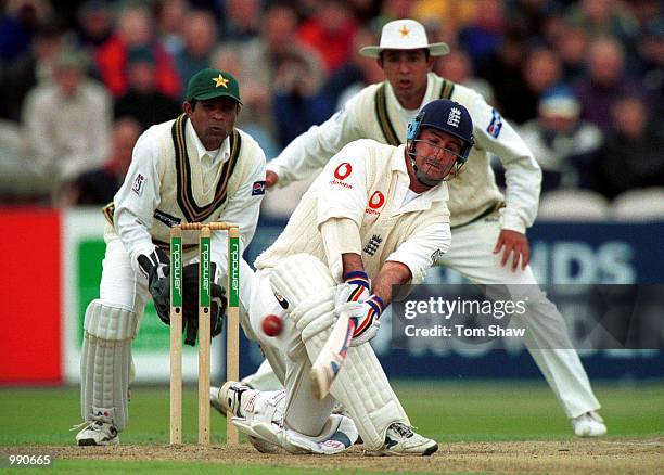 Graham Thorpe of England attacks the Pakistan bowling during the Second Npower Test match between England and Pakistan at Old Trafford, Manchester....