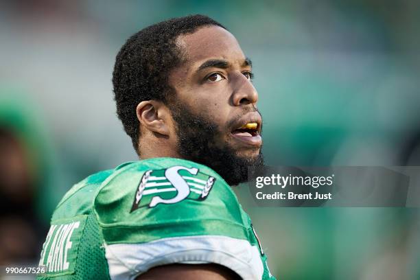 Adrian Clarke of the Saskatchewan Roughriders on the sideline during the game between the Montreal Alouettes and Saskatchewan Roughriders at Mosaic...