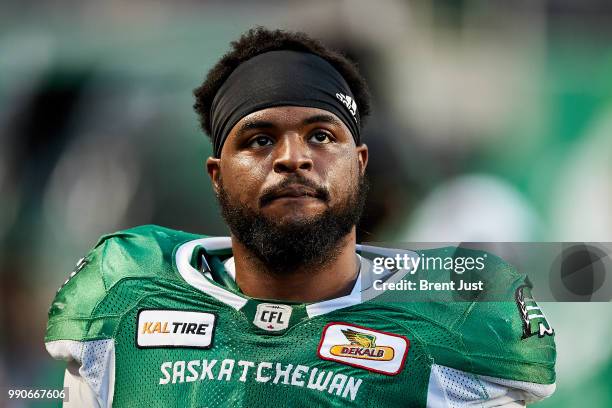 Mic'hael Brooks of the Saskatchewan Roughriders on the sideline during the game between the Montreal Alouettes and Saskatchewan Roughriders at Mosaic...