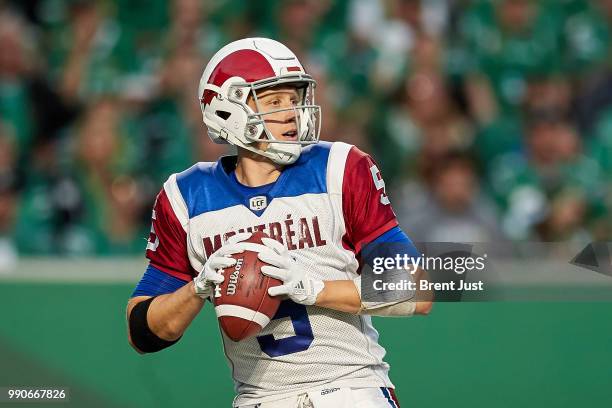 Drew Willy of the Montreal Alouettes looks to pass during the game between the Montreal Alouettes and Saskatchewan Roughriders at Mosaic Stadium on...