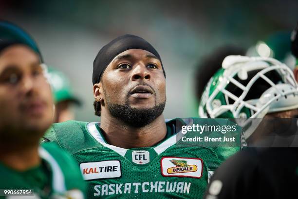 Jerome Messam of the Saskatchewan Roughriders on the sideline during the game between the Montreal Alouettes and Saskatchewan Roughriders at Mosaic...