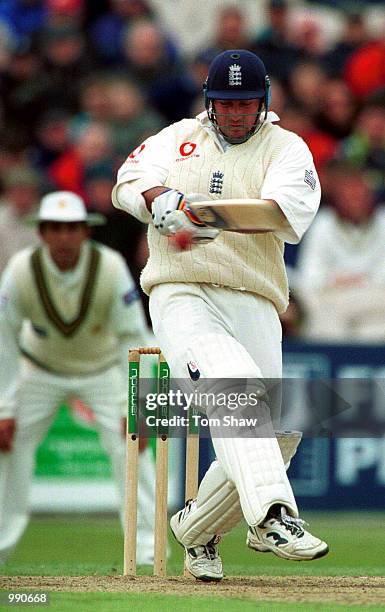 Graham Thorpe of England attacks the Pakistan bowling during the Second Npower Test match between England and Pakistan at Old Trafford, Manchester....