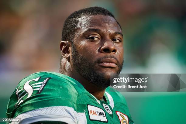 Charleston Hughes of the Saskatchewan Roughriders on the sideline during the game between the Montreal Alouettes and Saskatchewan Roughriders at...