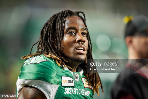 Naaman Roosevelt of the Saskatchewan Roughriders on the sideline during the game between the Montreal Alouettes and Saskatchewan Roughriders at...