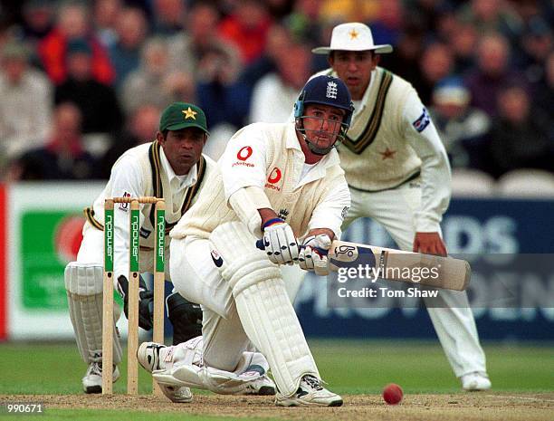 Graham Thorpe of England attacks the Pakistan bowling during the Second Npower Test match between England and Pakistan at Old Trafford, Manchester....