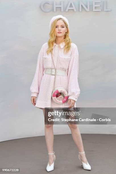 Actress Ellie Bamber attends the Chanel Haute Couture Fall/Winter 2018-2019 show as part of Haute Couture Paris Fashion Week on July 3, 2018 in...