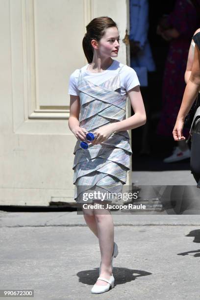 Mackenzie Foy is seen arriving at Chanel Fashion Show during Haute Couture Fall Winter 2018/2019 on July 3, 2018 in Paris, France.