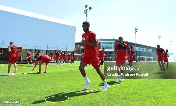 Joe Gomez of Liverpool during a training session on the second day back at Melwood Training Ground for the pre-season training on July 3, 2018 in...