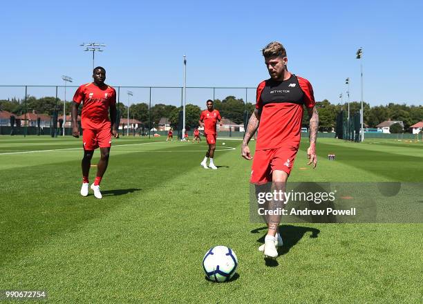 Alberto Moreno of Liverpool during a training session on the second day back at Melwood Training Ground for the pre-season training on July 3, 2018...