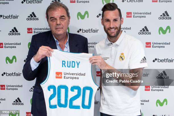 Basketball player Rudy Fernandez and Real Madrid extend the player's contract two more seasons at 'Ciudad Real Madrid' on July 3, 2018 in Madrid,...