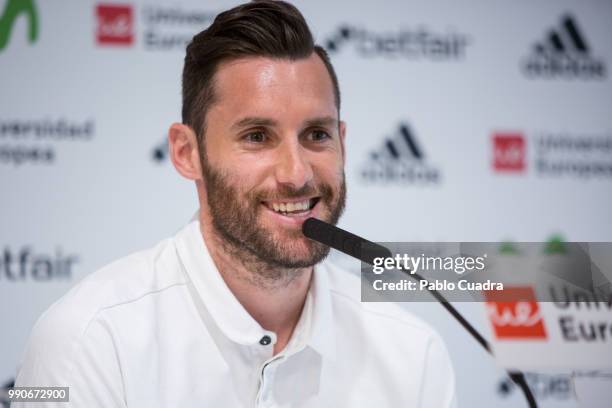 Basketball player Rudy Fernandez and Real Madrid extend the player's contract two more seasons at 'Ciudad Real Madrid' on July 3, 2018 in Madrid,...