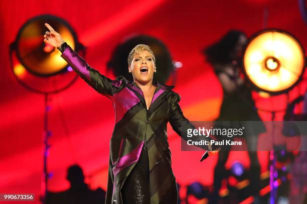 Pink Performs on stage at Perth Arena on July 3, 2018 in Perth, Australia.