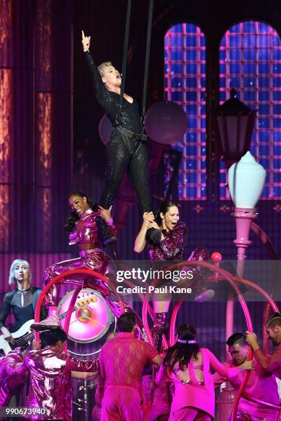 Pink Performs on stage at Perth Arena on July 3, 2018 in Perth, Australia.