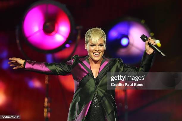 Pink Performs on stage at Perth Arena on July 3, 2018 in Perth, Australia.