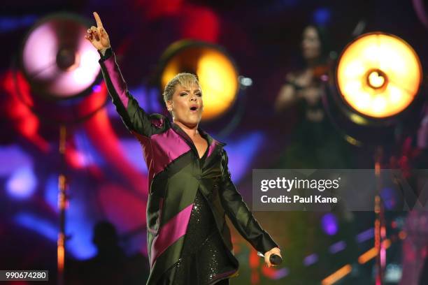 Pink Performs on stage at Perth Arena on July 3, 2018 in Perth, Australia.