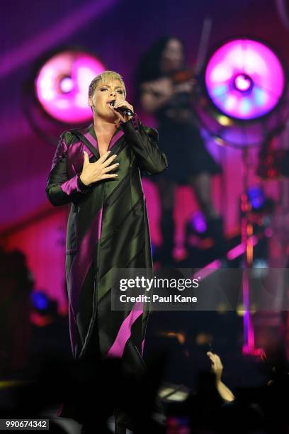 Pink Performs on stage at Perth Arena on July 3, 2018 in Perth, Australia.