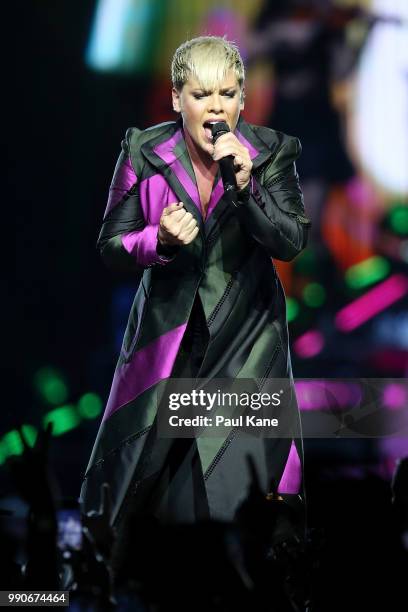 Pink Performs on stage at Perth Arena on July 3, 2018 in Perth, Australia.