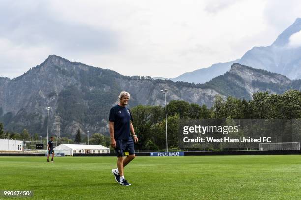 West Ham Manager Manuel Pellegrini looks on during a training session on the West Ham Pre-Season Tour to Switzerland on July 3, 2018 in Bad Ragaz,...