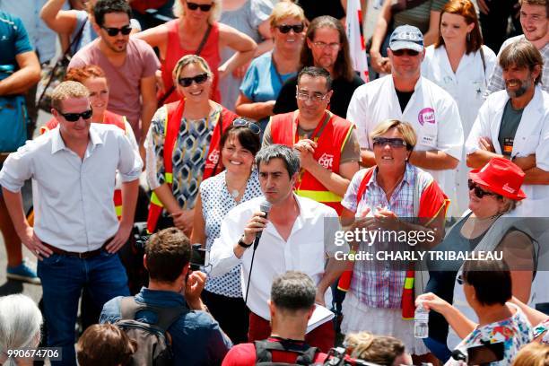 French lawmaker Francois Ruffin, of the "La France Insoumise" left-wing party speaks at the psychiatric hospital "Pierre Janet" in Le Havre, on July...
