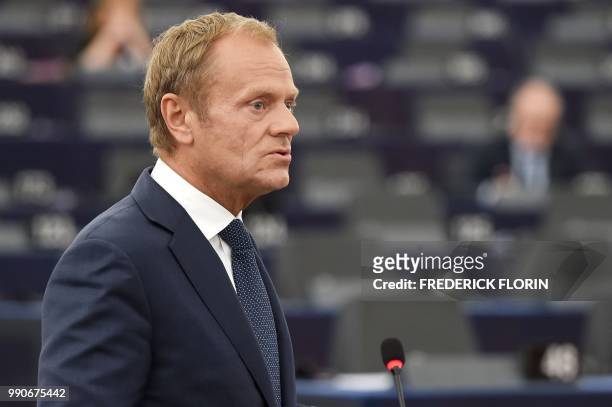 European Council President Donald Tusk speaks at a debate on the outcome of the 28-29 June European Union summit during a plenary session at the...