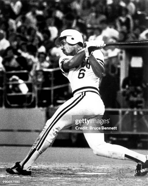 Catcher Tony Pena of the Pittsburgh Pirates swings at the pitch during an MLB game circa 1984 at Three Rivers Stadium in Pittsburgh, Pennsylvania.