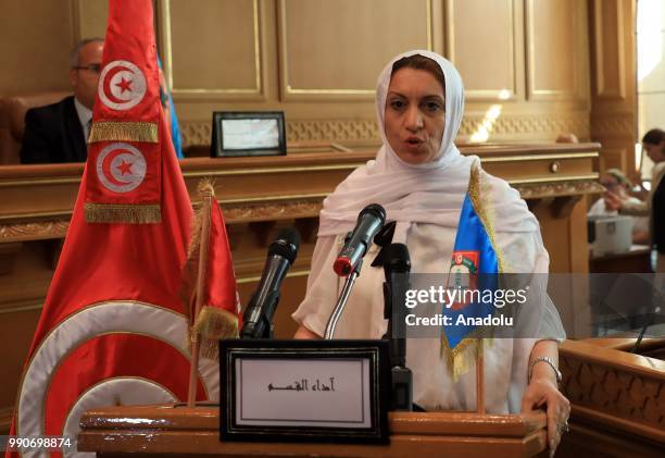 Ennahda party candidate Souad Abderrahim makes a speech after she was elected as Tunis Mayor following the Tunis Municipal Council meeting, which was...