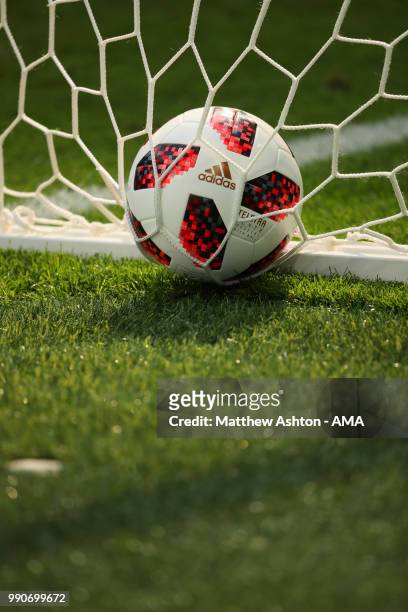 General View of an adidas telstar match ball in a goal net prior to the 2018 FIFA World Cup Russia Round of 16 match between Sweden and Switzerland...