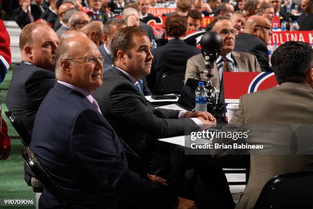 General view of the Montreal Canadiens draft table is seen during the first round of the 2018 NHL Draft at American Airlines Center on June 22, 2018...