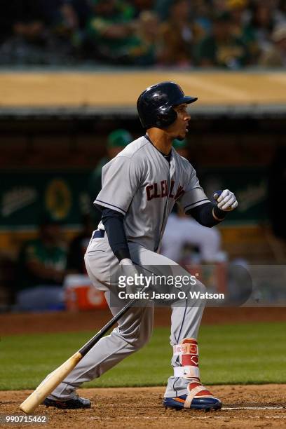 Michael Brantley of the Cleveland Indians at bat against the Oakland Athletics during the sixth inning at the Oakland Coliseum on June 29, 2018 in...
