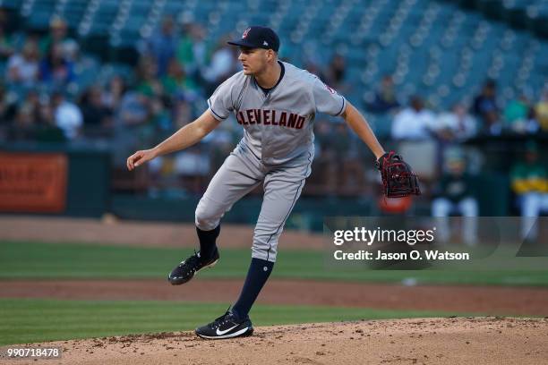 Trevor Bauer of the Cleveland Indians pitches against the Oakland Athletics during the second inning at the Oakland Coliseum on June 29, 2018 in...