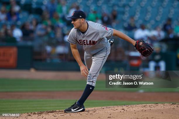 Trevor Bauer of the Cleveland Indians pitches against the Oakland Athletics during the second inning at the Oakland Coliseum on June 29, 2018 in...