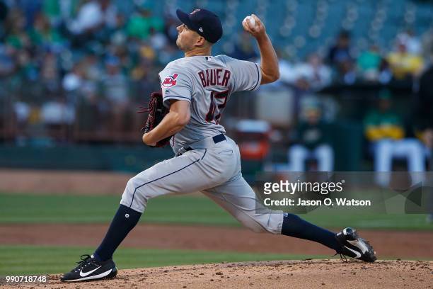 Trevor Bauer of the Cleveland Indians pitches against the Oakland Athletics during the second inning at the Oakland Coliseum on June 29, 2018 in...
